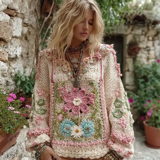 Women's Boho Floral Chunky Knit Small V-neck Sweater elevenforest