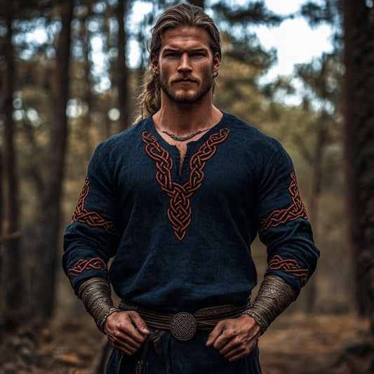 Men's Vintage Viking Celtic Knot Totem Linen V-neck Shirt artswardrobe