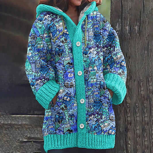 Women's Denim Cat Print Sweater elevenforest