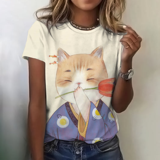 Comstylish Fun Cat Wearing Kimono Holding A Rose Print T-shirt