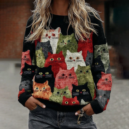 Comstylish Vintage Colorful Cats Pattern Art Cozy Knit Sweater