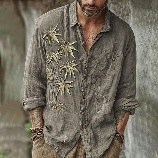 Men's Vintage Japanese Bamboo Embroidery Art Long Sleeve Linen Blend Shirt artswardrobe