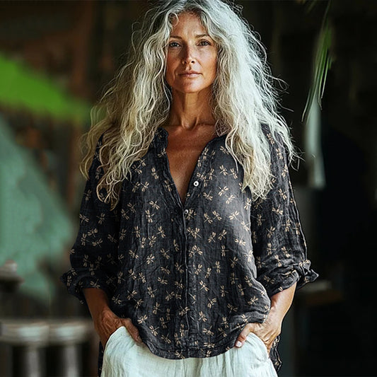 Comstylish Bohemian Style Dragonfly Linen Print Long Sleeve Shirt