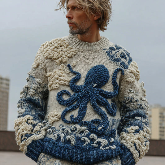 Men's Japanese Octopus Art Cozy Knit Pullover Sweater elevenforest