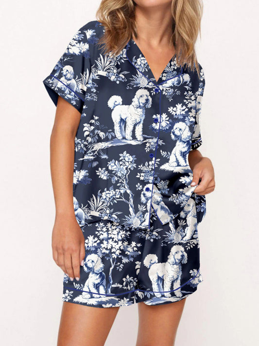 Women's Casual Blue Poodle Dog Silky Satin Pajama Set artswardrobe