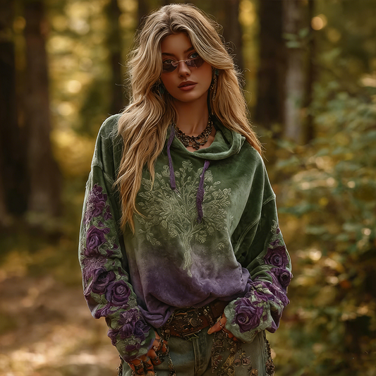 Comstylish Retro Bohemian Style Plant Flower Pattern Gradient Women's Flannel Sweatshirt