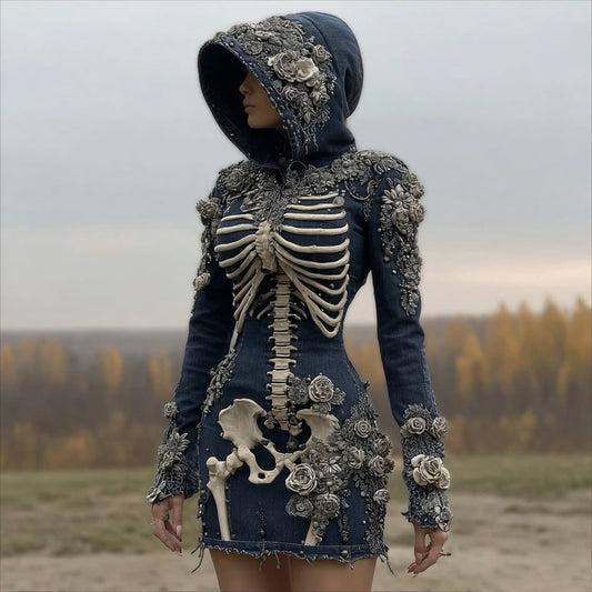 Comstylish Women's Halloween Skull Rose Art Comfortable Denim Mini Skirt