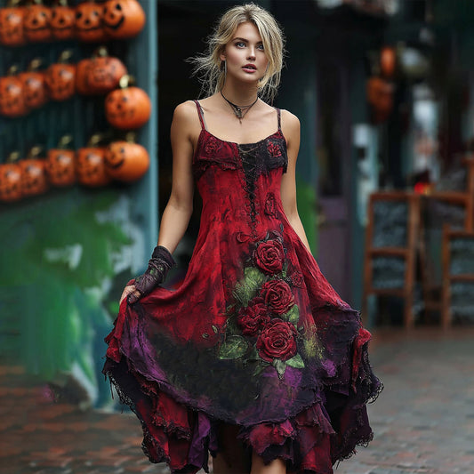 Vintage Red Rose Embroidery Beaded Gradient Halloween Maxi Dress artswardrobe