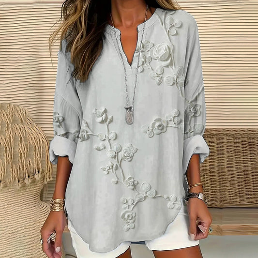 Comstylish Japanese Art Floral Embroidery Women's Linen V-neck Long Sleeve Shirt
