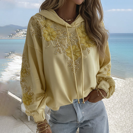 Comstylish Women's Bohemian Yellow Floral Embroidery Art Long Sleeve Hoodie