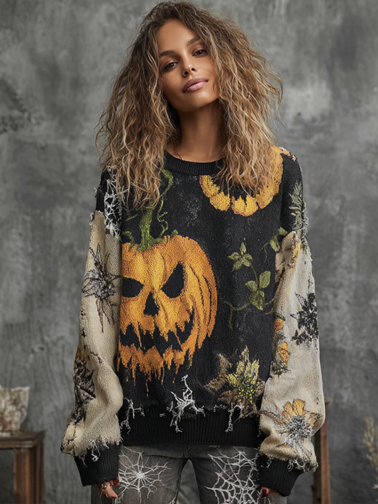 Halloween Pumpkin Face And Plant Flower Pattern Design Women's Round Neck Knit Sweater artswardrobe
