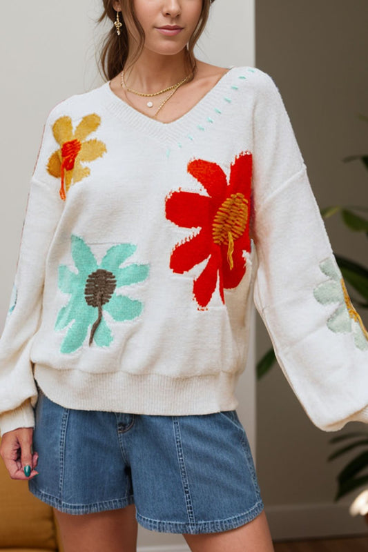 Marta® | Floral sweater with a V-neck and dropped shoulders