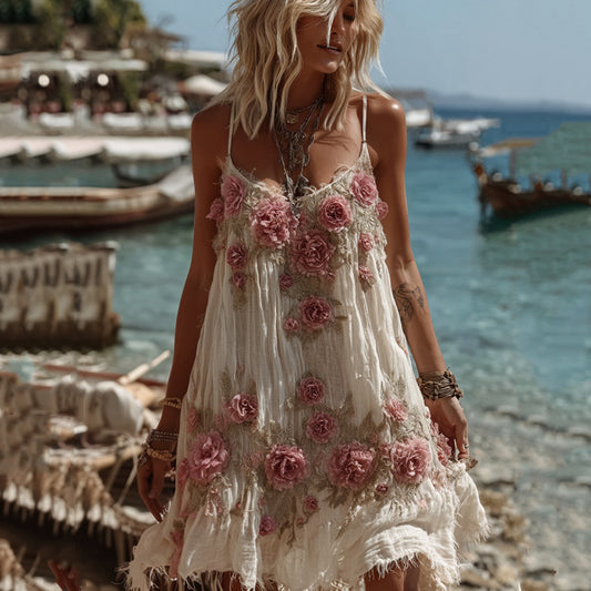 Women's Vintage Floral Embroidery Art Comfy Linen Mini Dress artswardrobe