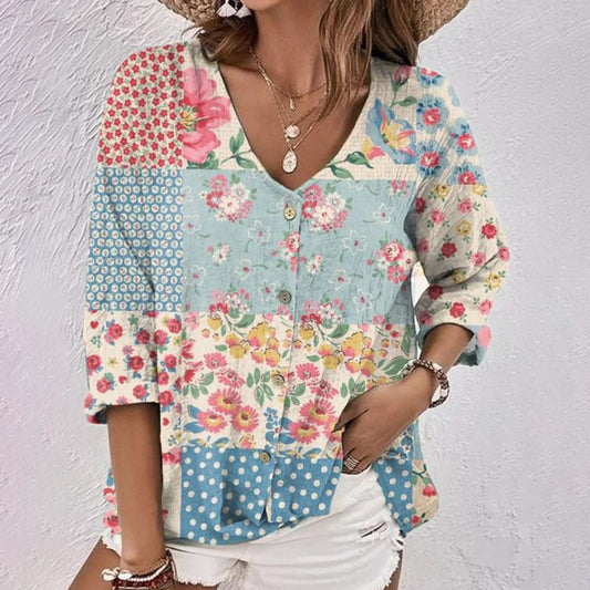 Comstylish Women's Vintage V-Neck Contrast Floral Button-Down Linen Shirt
