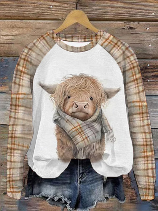 Comstylish Women's Cute Watercolor Highland Cow In Scarf Print Casual Sweatshirt