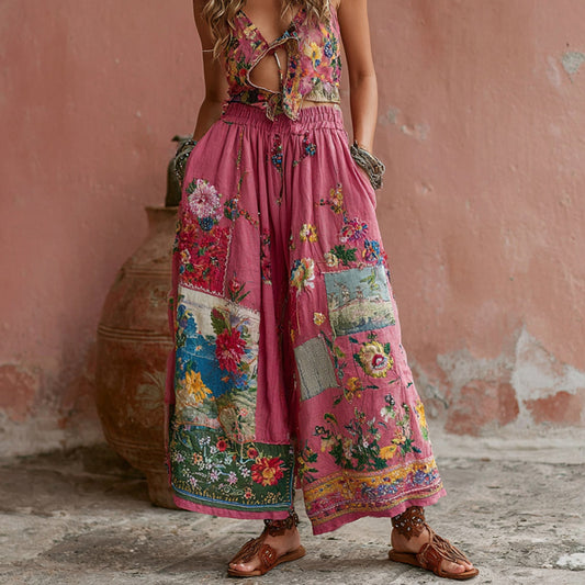 Women's Vintage Bohemian Floral Embroidery Print Linen Blend Pants artswardrobe
