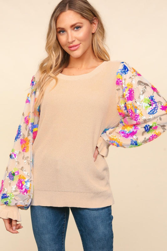 Emilia® | Haptics sweater with floral sequins, mesh fabric and flounced sleeves