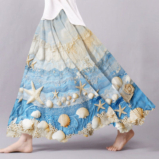 Vintage Starfish & Sea Shells Sea Waves Art Pattern Flowy Wide Skirt artswardrobe