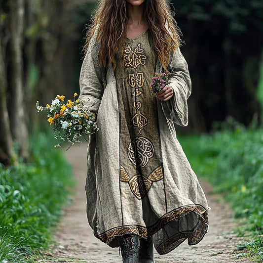 Women's Vintage Viking Rune Print Cotton And Linen Dress artswardrobe