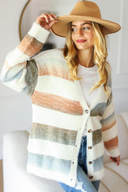 Emma® | Haptics soft fluffy full size button down striped sweater cardigan