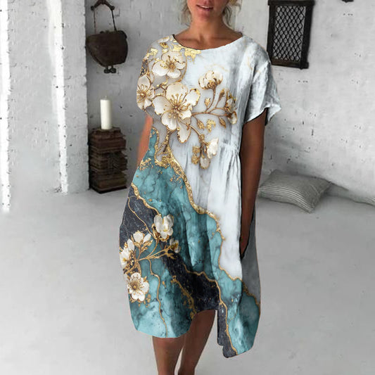 Vintage Marble Texture Collection Retro Bohemia Women Style Gradient Gilded With Floral Pattern Linen Maxi Dress artswardrobe