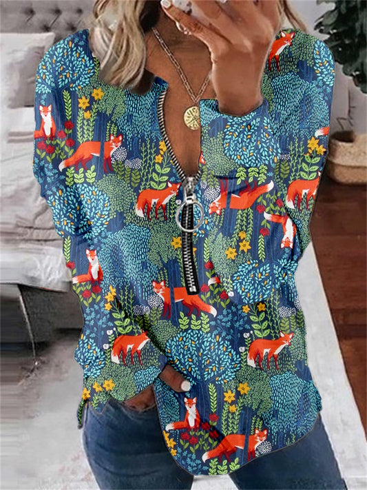 Fox in the Forest Graphic Vintage Zip Up Cozy Sweatshirt artswardrobe