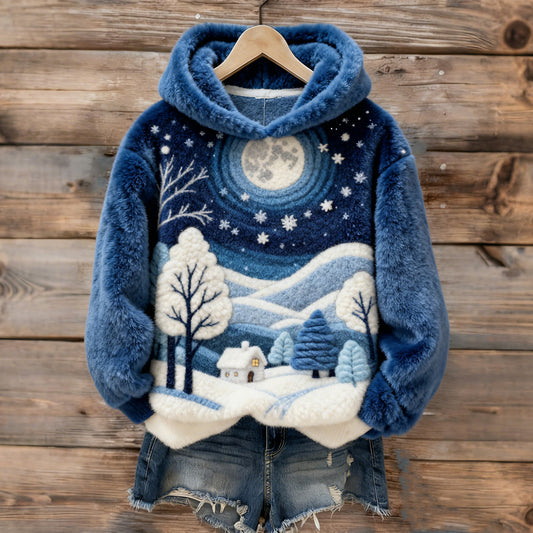 Comstylish Women's Christmas House Tree Art Plush Hoodie