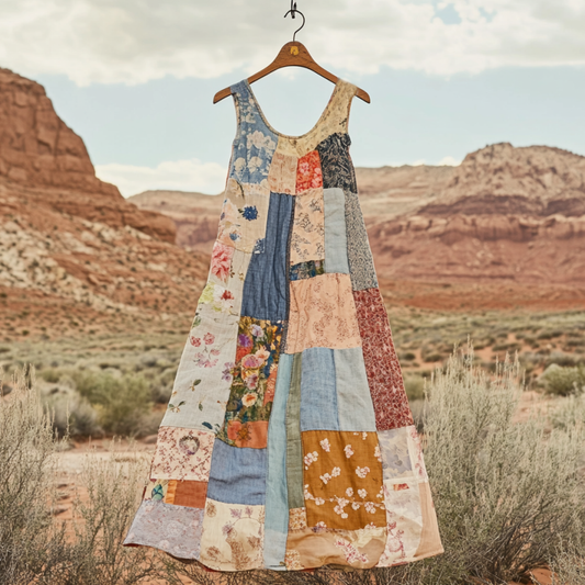 Vintage  Loose Floral Applique Patchwork Art Pattern Art Linen Tank Dress artswardrobe