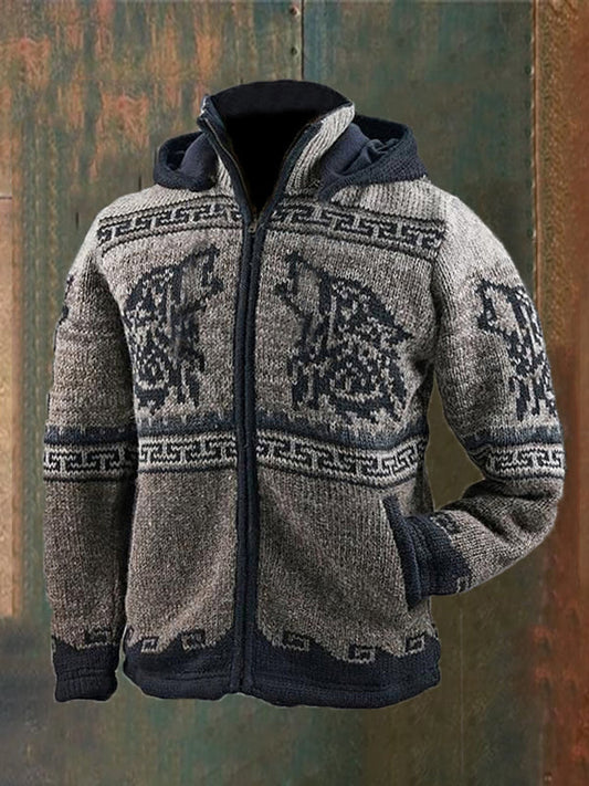 Men's Vintage Western Wolf Pattern Hooded Zip Sweater elevenforest