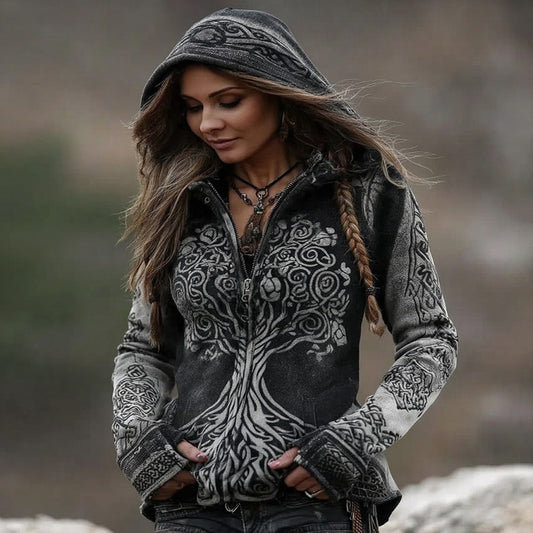 Comstylish Women's Vintage Viking Tree Of Life Art Pattern Plush Zip-up Hoodie