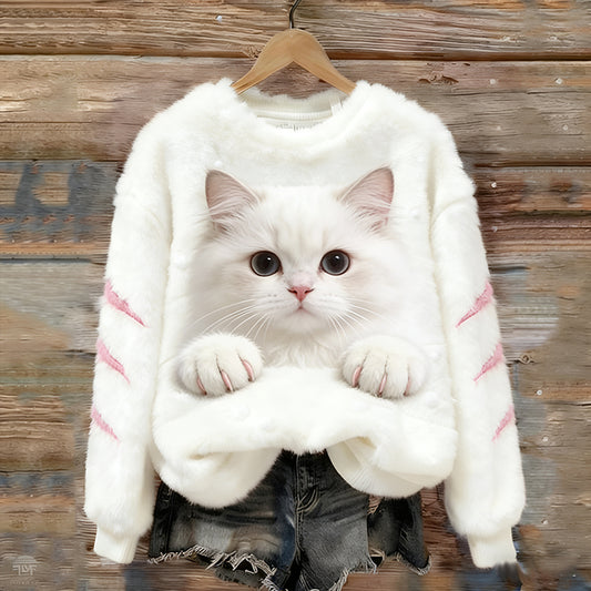 Comstylish Cat-paw-showing Cat Warm Round-neck Flannel Hoodie