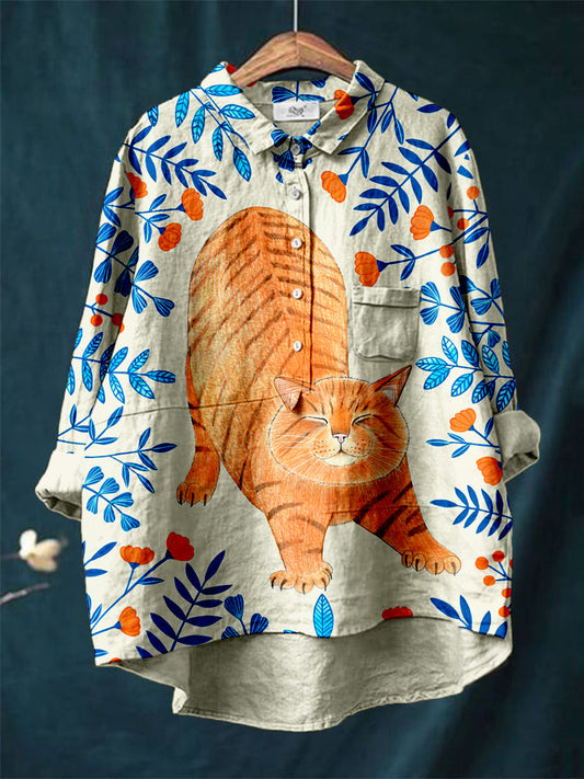 Ginger Cat Botanical Art Linen Blend Cozy Shirt elevenforest