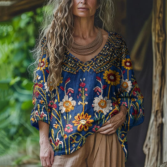 Vintage Boho Ethnic Floral Embroidered Linen V Neck Tunic artswardrobe