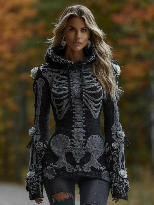 Women's Halloween Skeleton Bones With Roses Art Knitted Warm Hooded Sweater artswardrobe