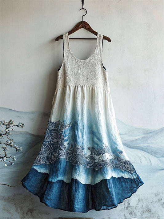 Japanese Sea Waves Art Lace Patchwork Flowy Linen Dress artswardrobe