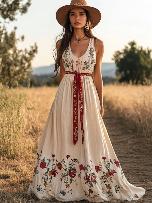 Western Girl Floral Embroidery Women's Linen Vest Dress artswardrobe