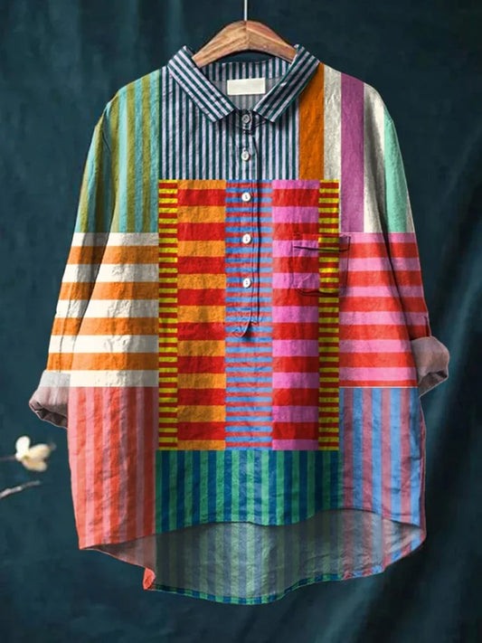 Women’s Colorful Patchwork Striped Cotton Linen Blouse artswardrobe