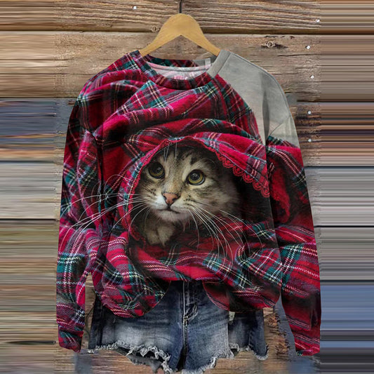 Comstylish Plaid Cat Print Round Neck Casual Sweatshirt