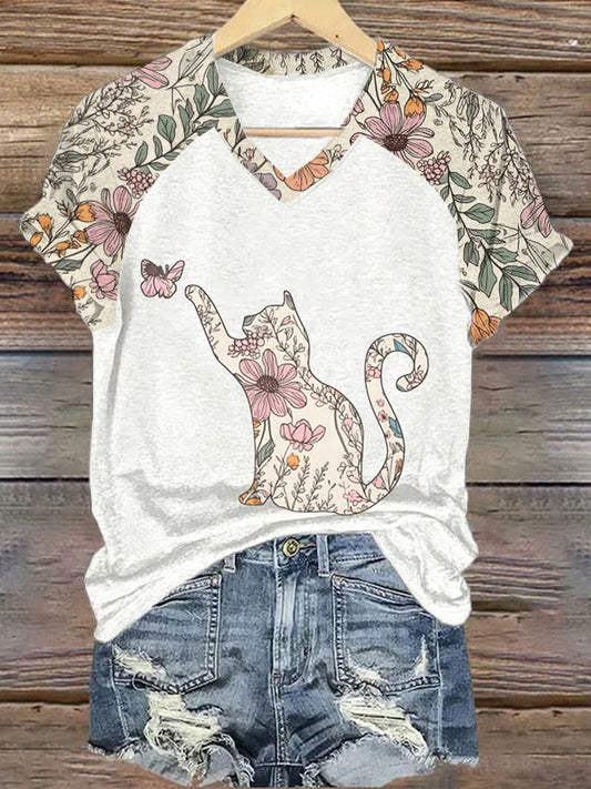 Women's Wildflower Kitten Print V-neck T-shirt elevenforest