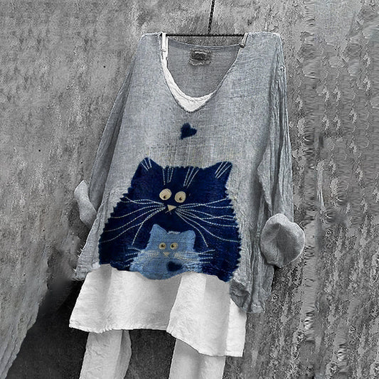 Vintage Abstract Cat Embroidered Art Linen Blend Blouse elevenforest