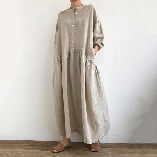 Women's Solid Color Button Cotton Linen Midi Dress artswardrobe