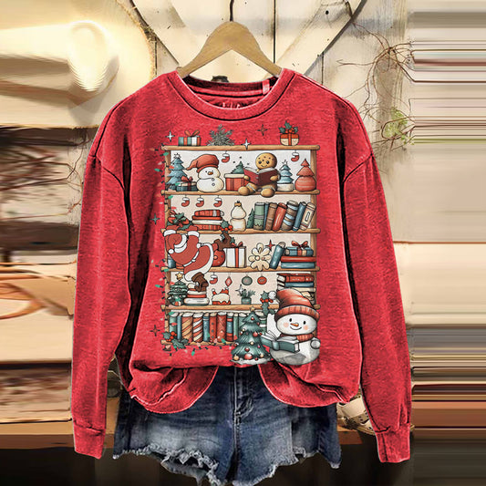 Comstylish Women's Cute Christmas Bookshelf Print Casual Sweatshirt