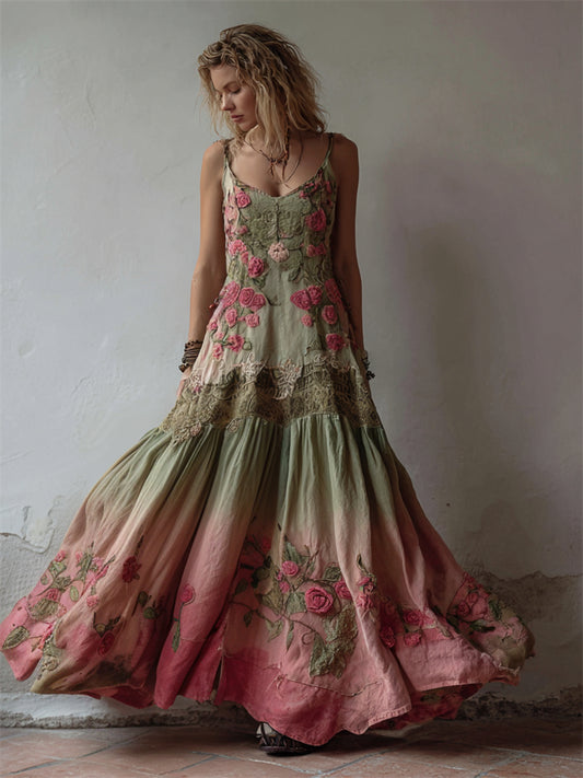 Vintage Pink Roses Natural Gradient Flowy Linen Maxi Dress artswardrobe