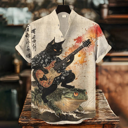 Men's Black Cat Riding On Toad Playing Guitar Print Short Sleeve Shirt elevenforest