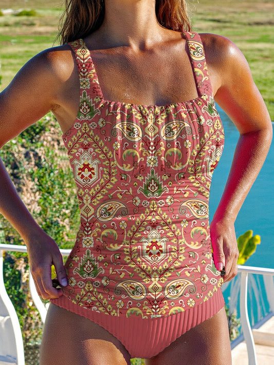 Retro Cashew Flower Ethnic Style Pattern Women's Summer Beach Halter Top And Solid Color Triangle Briefs Tankini Set