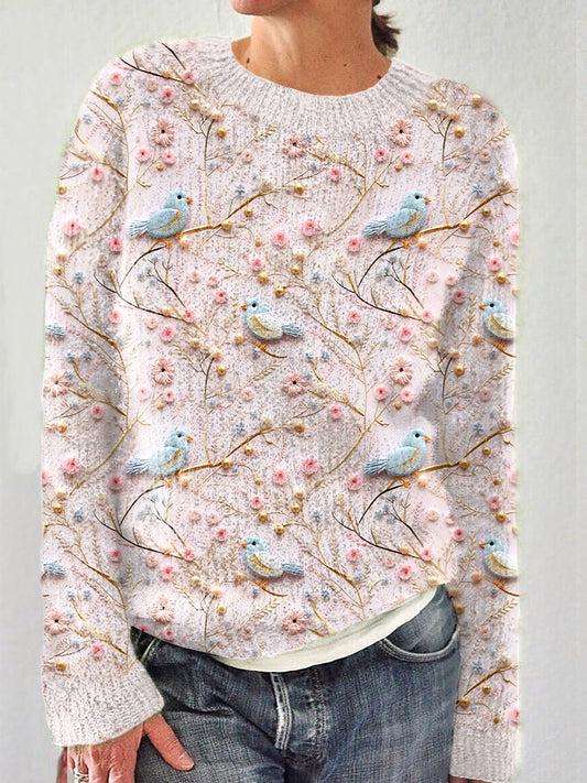 Birds & Flowers Embroidery Art Casual Cozy Knit Sweater artswardrobe