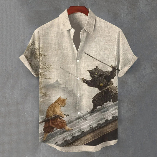 Men's Retro Cat Samurai Japanese Art Casual Short Sleeve Shirts elevenforest