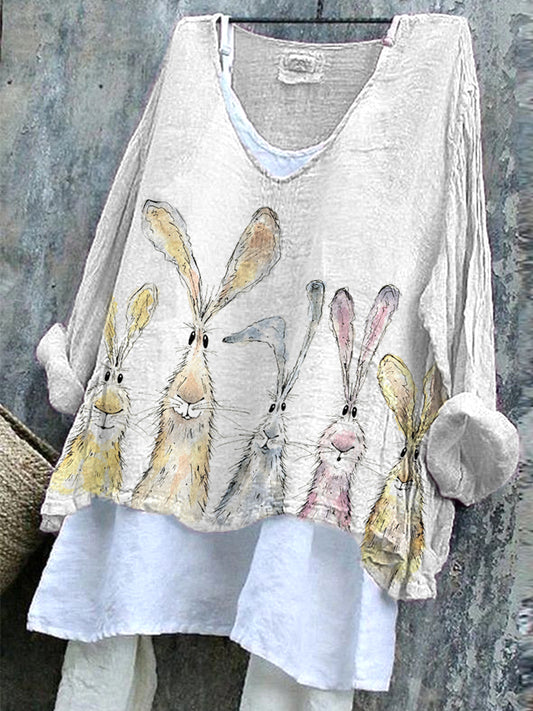 Watercolor Bunny Print Linen Blend Casual Shirt artswardrobe