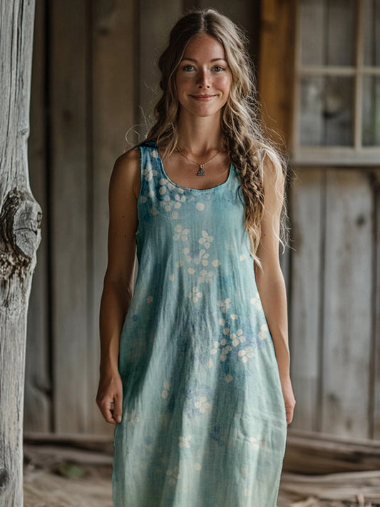 Comstylish Vintage Japanese Cherry Blossoms Art Linen Maxi Dress