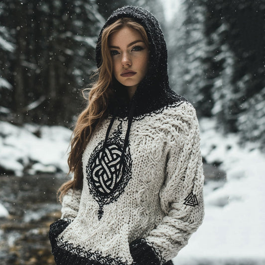Women's Viking Tribal Jacquard Celtic Chunky Inspired Knit Hooded Sweater elevenforest